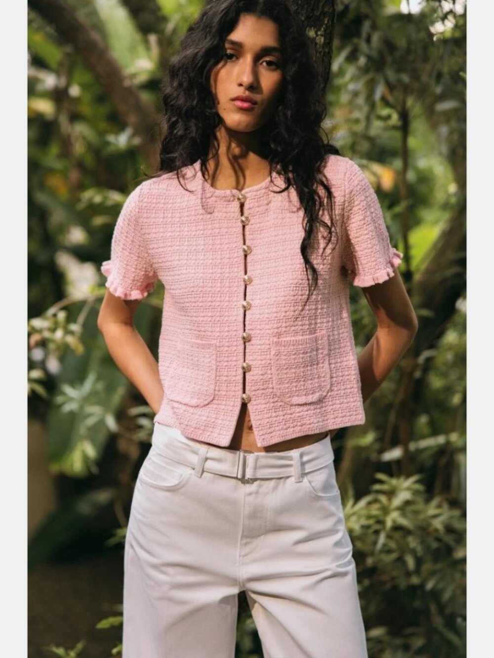 NWT ZARA PINK TEXTURED KNIT CARDIGAN GOLD BUTTONS SIZE L